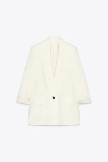 BLAZER MIT LEINEN UND BEDRUCKTEN ÄRMELAUFSCHLÄGEN - Cremefarben von Zara