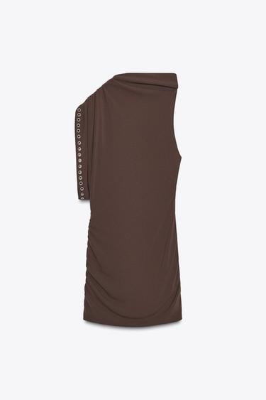 ROBE COURTE ASYMÉTRIQUE ŒILLETS - Chocolat de Zara - Image 2