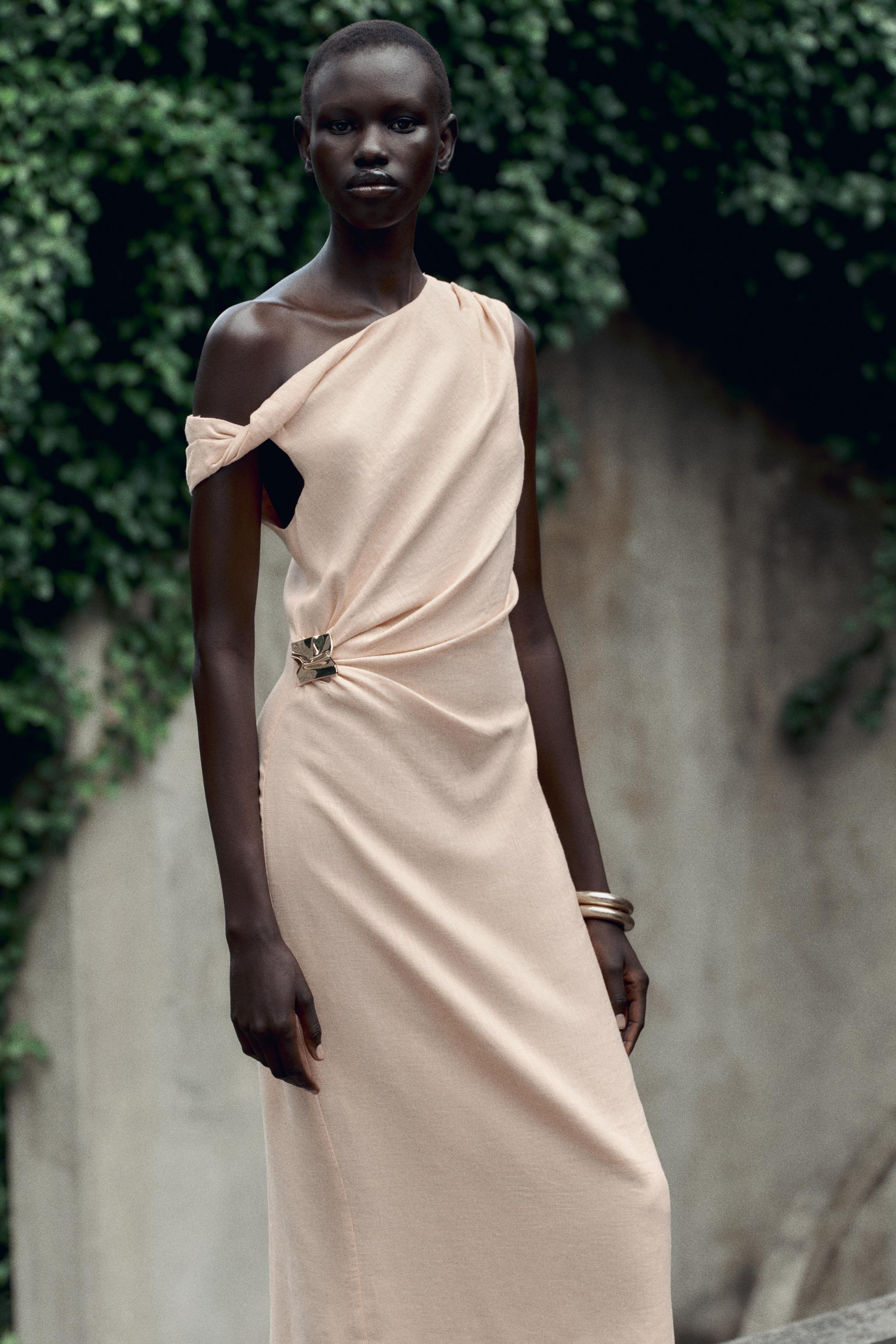 ROBE MIDI ASYMÉTRIQUE DÉCOR AVEC LIN