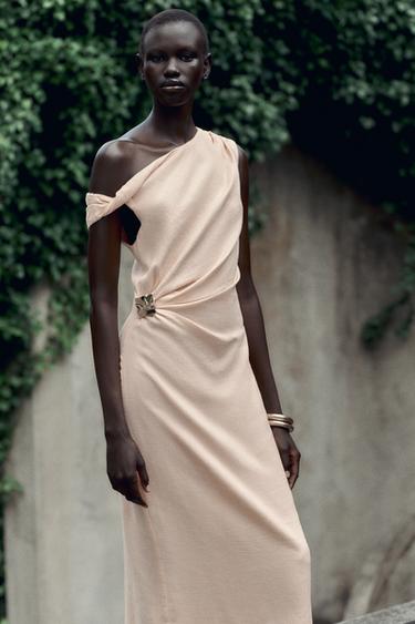 ASYMMETRIC MIDI DRESS WITH LINEN BLEND APPLIQUÉ - Peach by Zara - Image 2