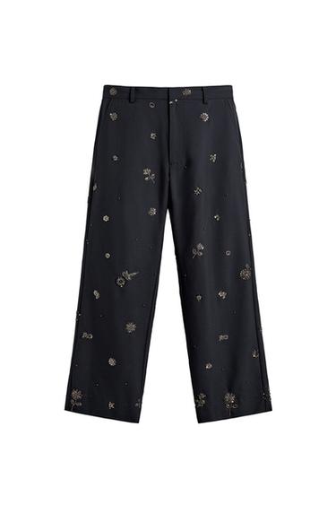 LIMITED EDITION RELAXED FIT SEQUIN TROUSERS - Dark navy by Zara