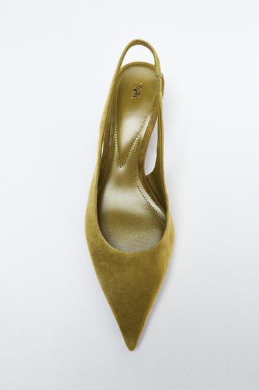 SUEDE KITTEN HEEL SLINGBACK SHOES - Green by Zara