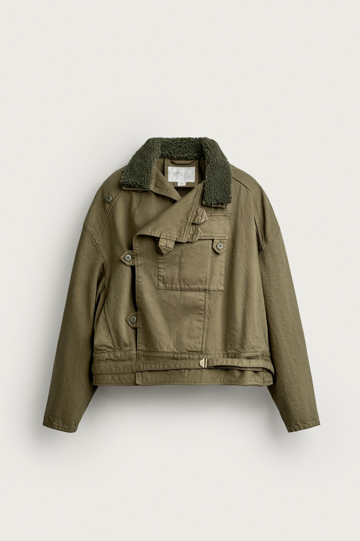 Мужская куртка Zara Boxy-Fit with Combined Collar, цвет: Зелёный — фото 6