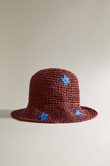 KIDS' FLORAL PAPER BEACH HAT - Burgundy by Zara - Image 0