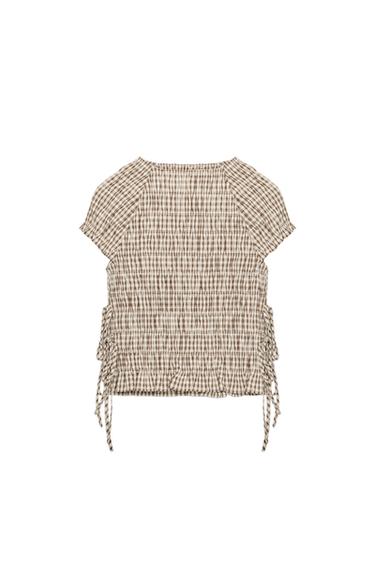 Zara PLAID POPLIN RUCHED TOP - Beige-brown