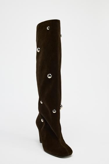 VELVET EFFECT STUDDED BOOTS - Brown by Zara - Image 3