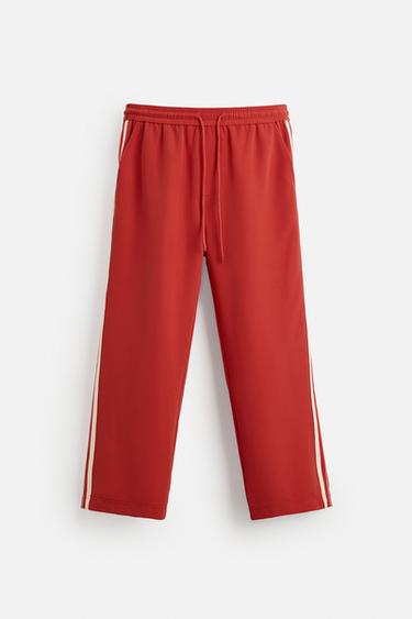 Zara RELAXED FIT PANTS WITH CONTRASTING STRIPES - Red - Image 0