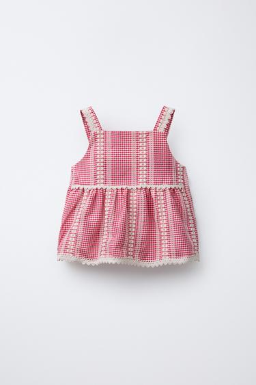 GINGHAM CHECK TOP WITH EMBROIDERY - Red by Zara - Image 0