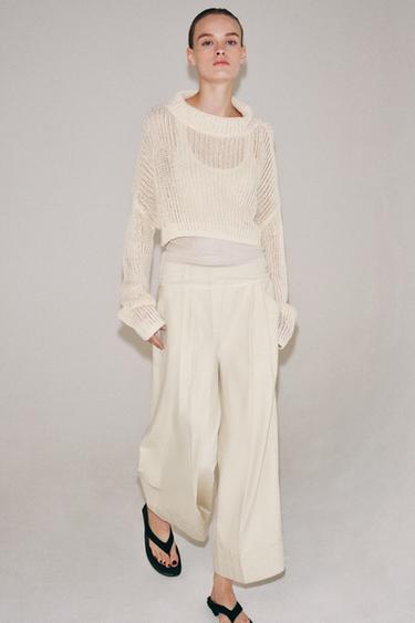 Zara CROPPED HIGH NECK JUMPER - Light ecru