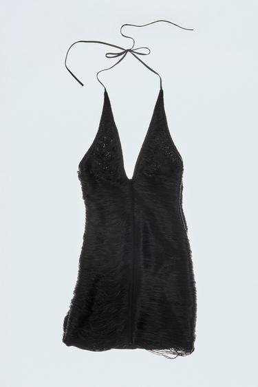 VESTIDO CURTO HALTER COM FRANJAS - Preto da Zara