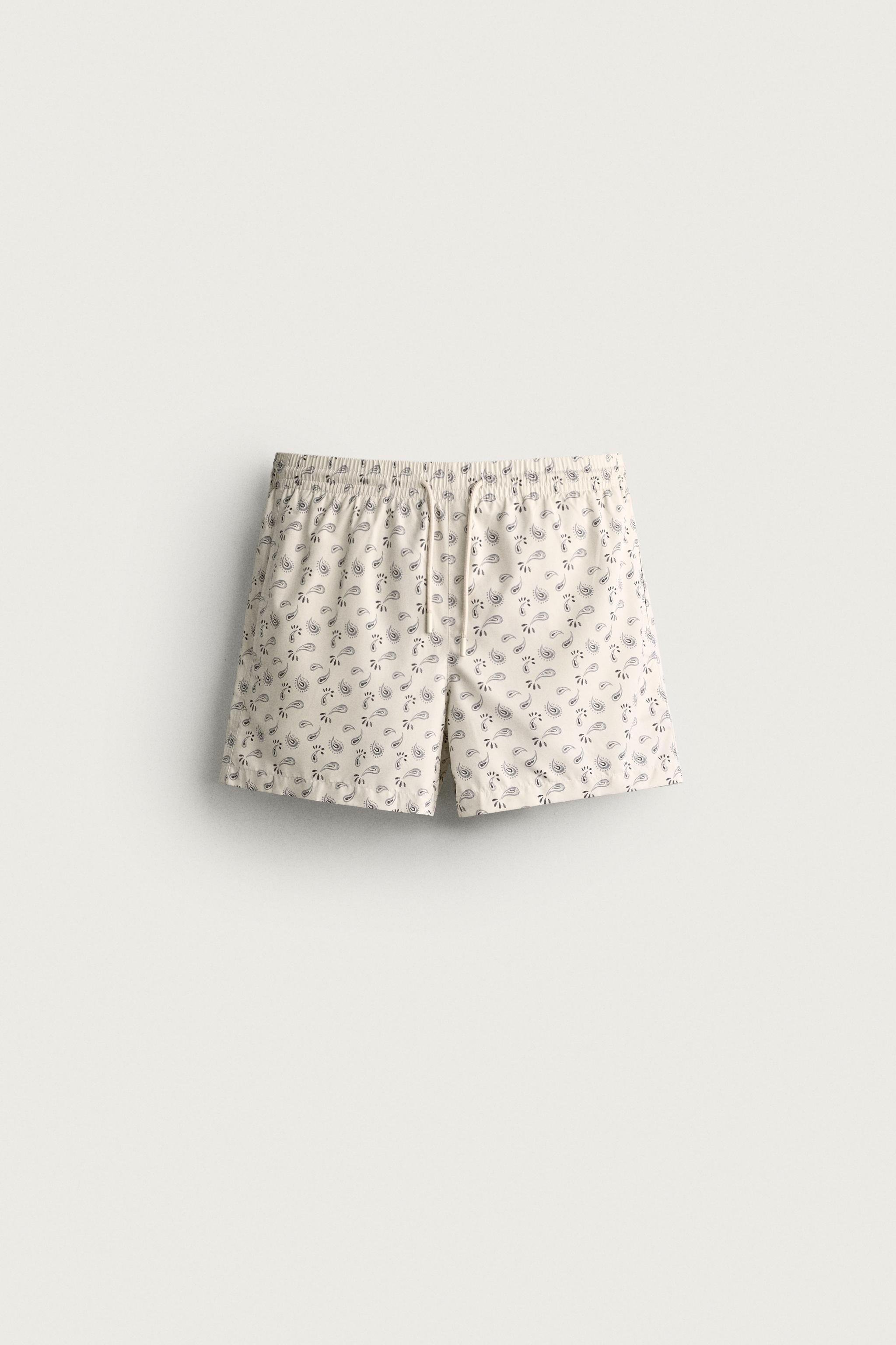 PAISLEY PRINT MID-LENGTH SWIM SHORTS — Ecru