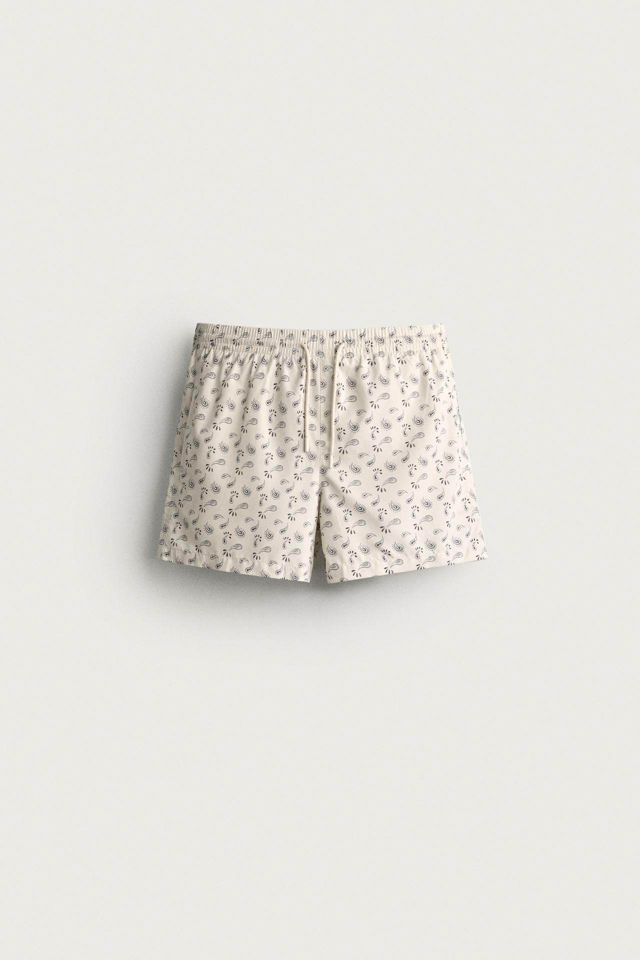 PAISLEY PRINT MID-LENGTH SWIM SHORTS — Ecru