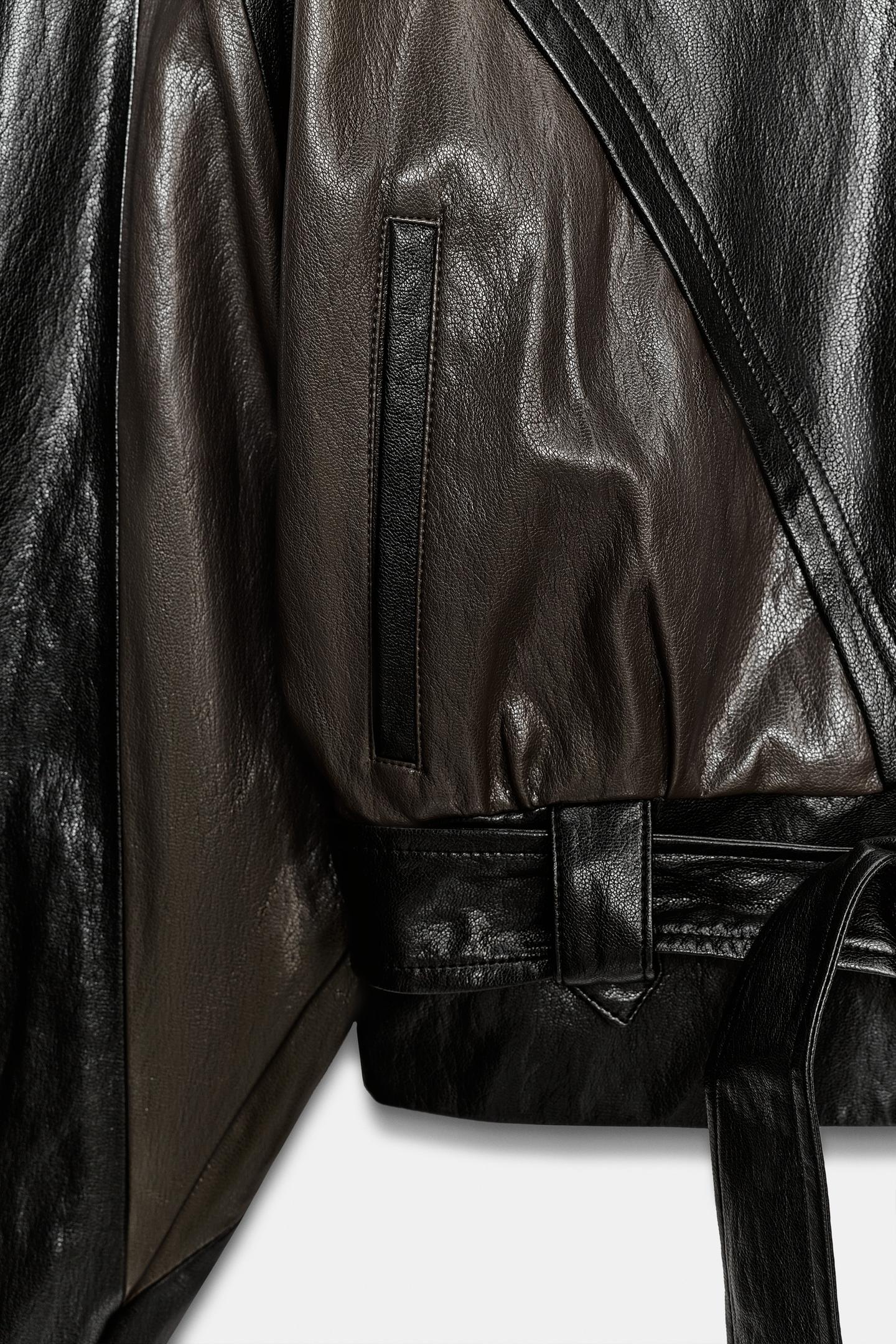 Женская куртка Zara Faux Leather Jacket with Belt, цвет: Чёрный / Коричневый — фото 9