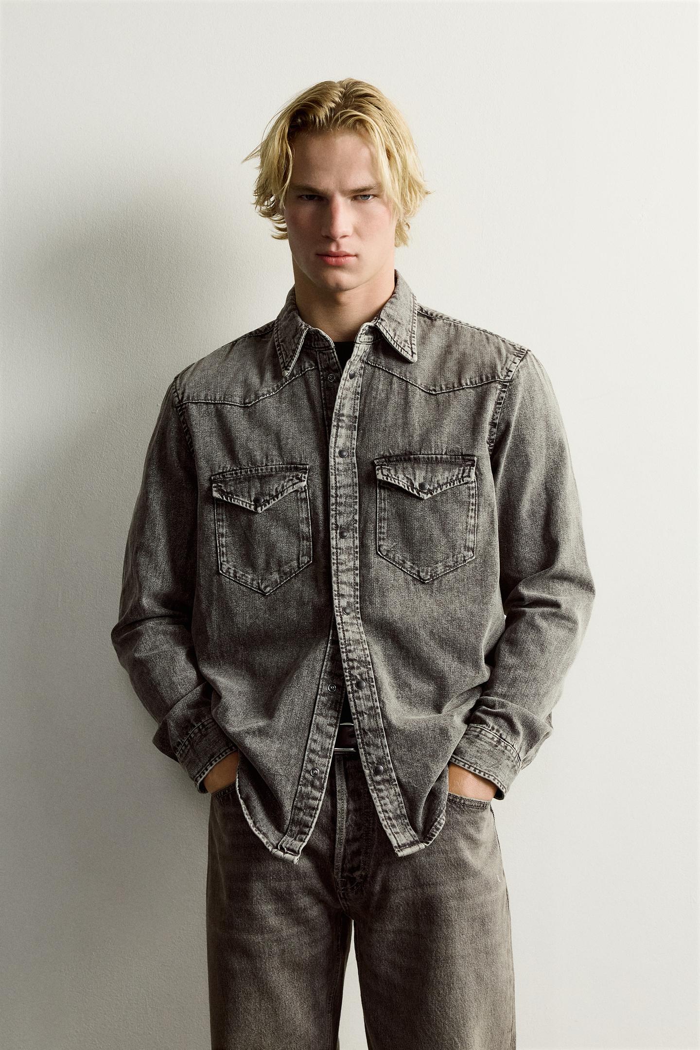Мужская рубашка Zara Regular Fit Denim Western, цвет: Угольный — фото 2