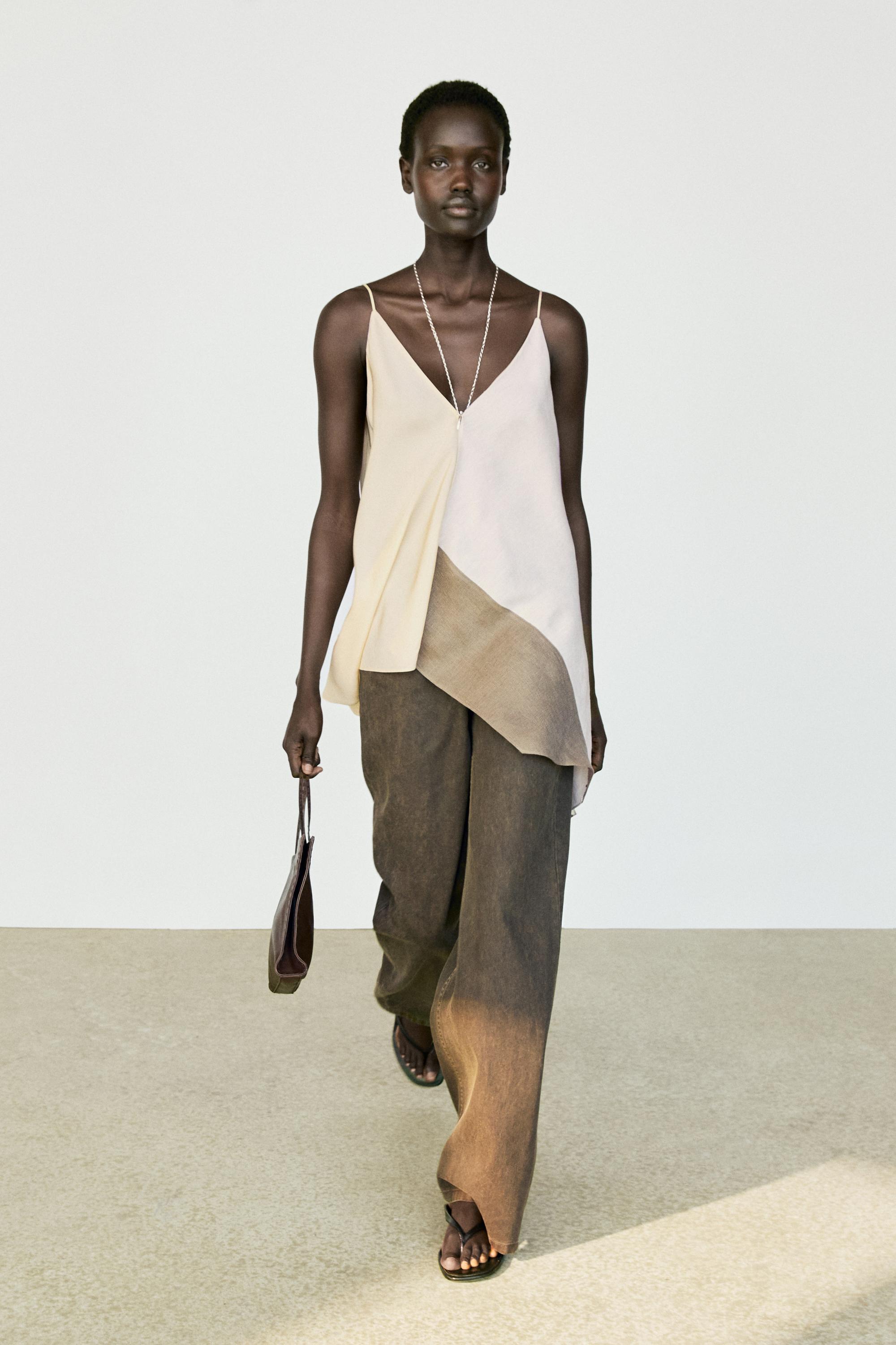 Asymmetric strappy flowing top — Ecru
