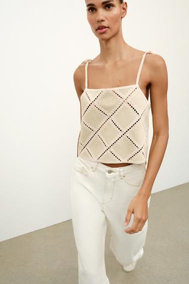 Zara PATCHWORK STRAPPY TOP - Ecru