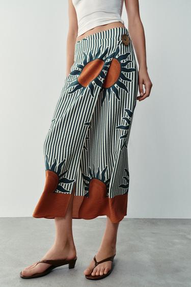 Zara PRINTED MIDI SARONG SKIRT - Ecru / Green