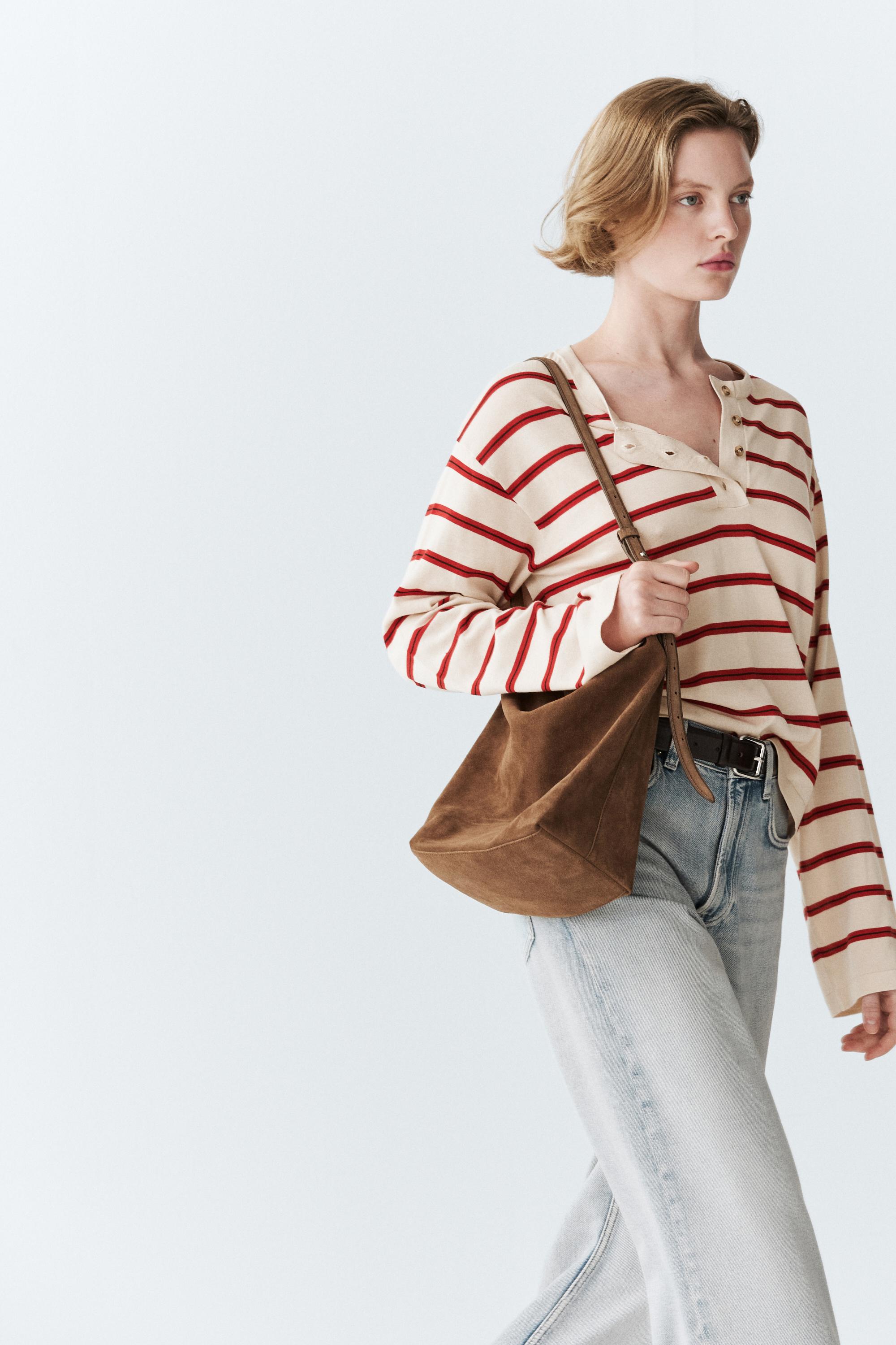 Pull en maille à rayures 100 % coton et col tunisien
