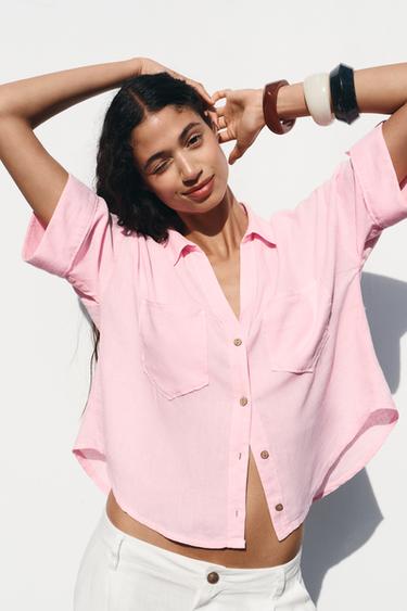 CROPPED LINEN BLEND SHIRT - Pink by Zara