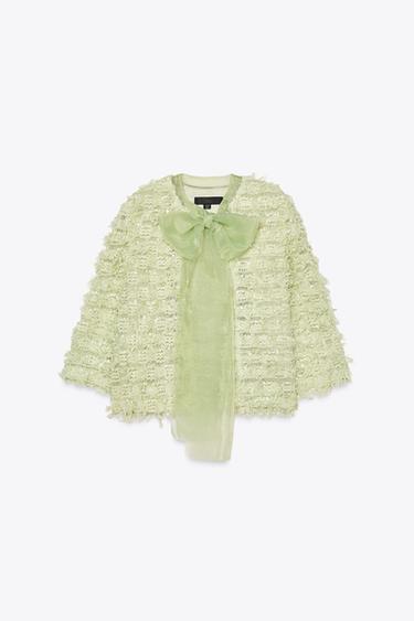FRINGED KNIT CARDIGAN WITH ORGANZA TIE - Light green by Zara - Image 4