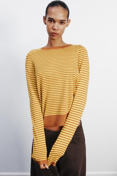 Zara STRIPED KNIT SWEATER - Curry