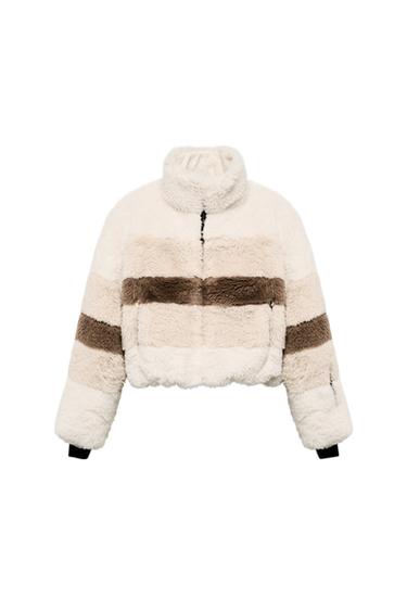 Zara SHORT FLEECE HEIQ XREFLEX™ RECCO® TECHNOLOGY SKI COLLECTION COAT - Ecru / Brown