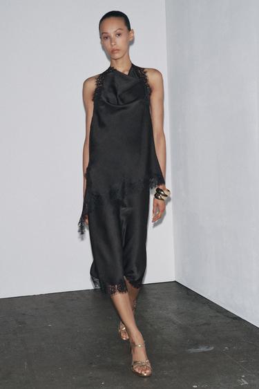 Zara SATIN EFFECT LACE SKIRT ZW COLLECTION - Black