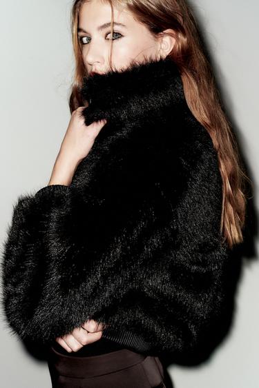 Zara FAUX FUR HIGH COLLAR BOMBER JACKET - Black