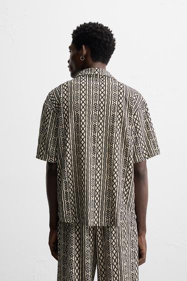 RELAXED FIT PERFORATED JACQUARD SHIRT - Ecru / Black by Zara - Image 3