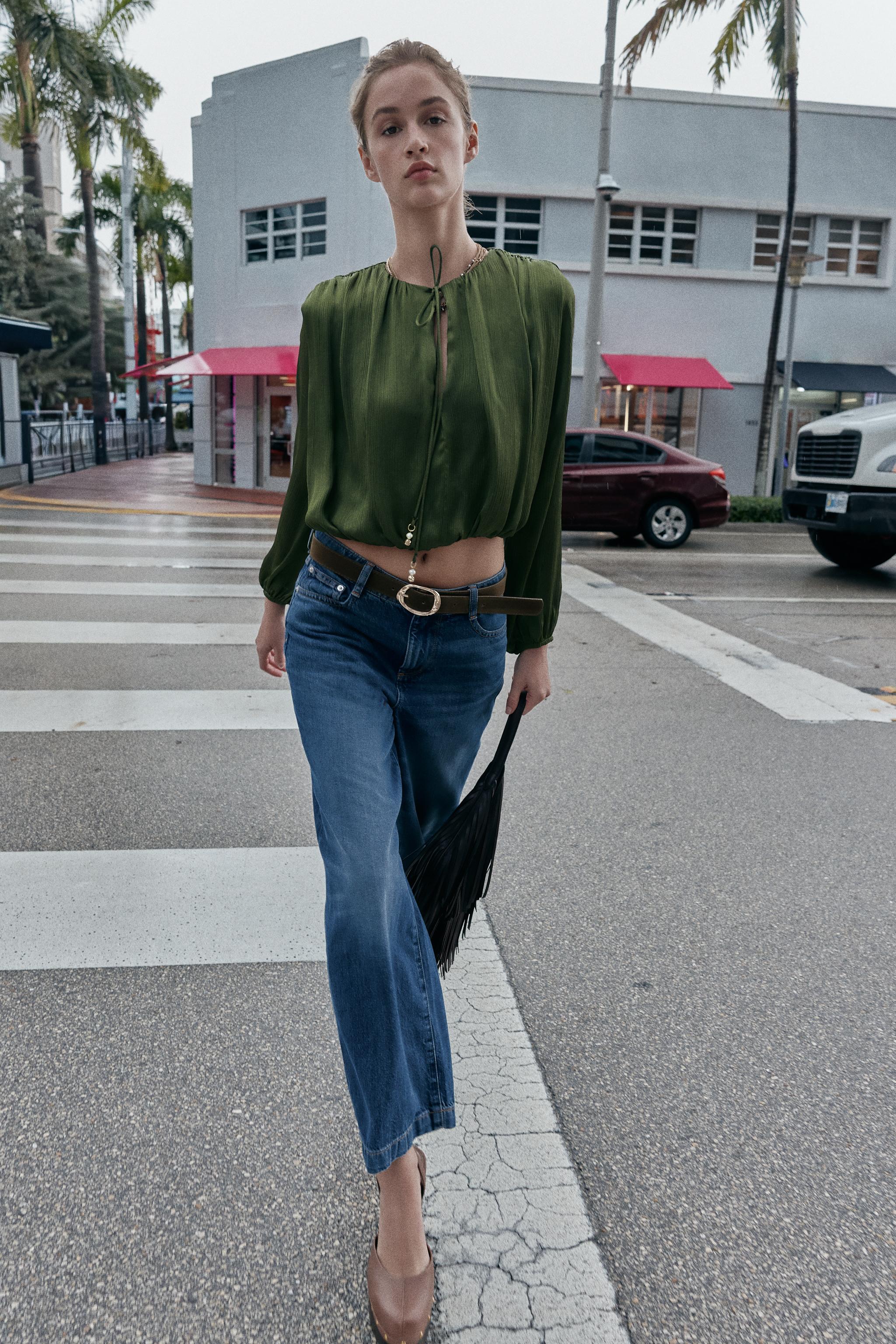 JEANS Z.08 WIDE LEG CROPPED CINTURA ALTA CINTO - Azul | ZARA Brasil