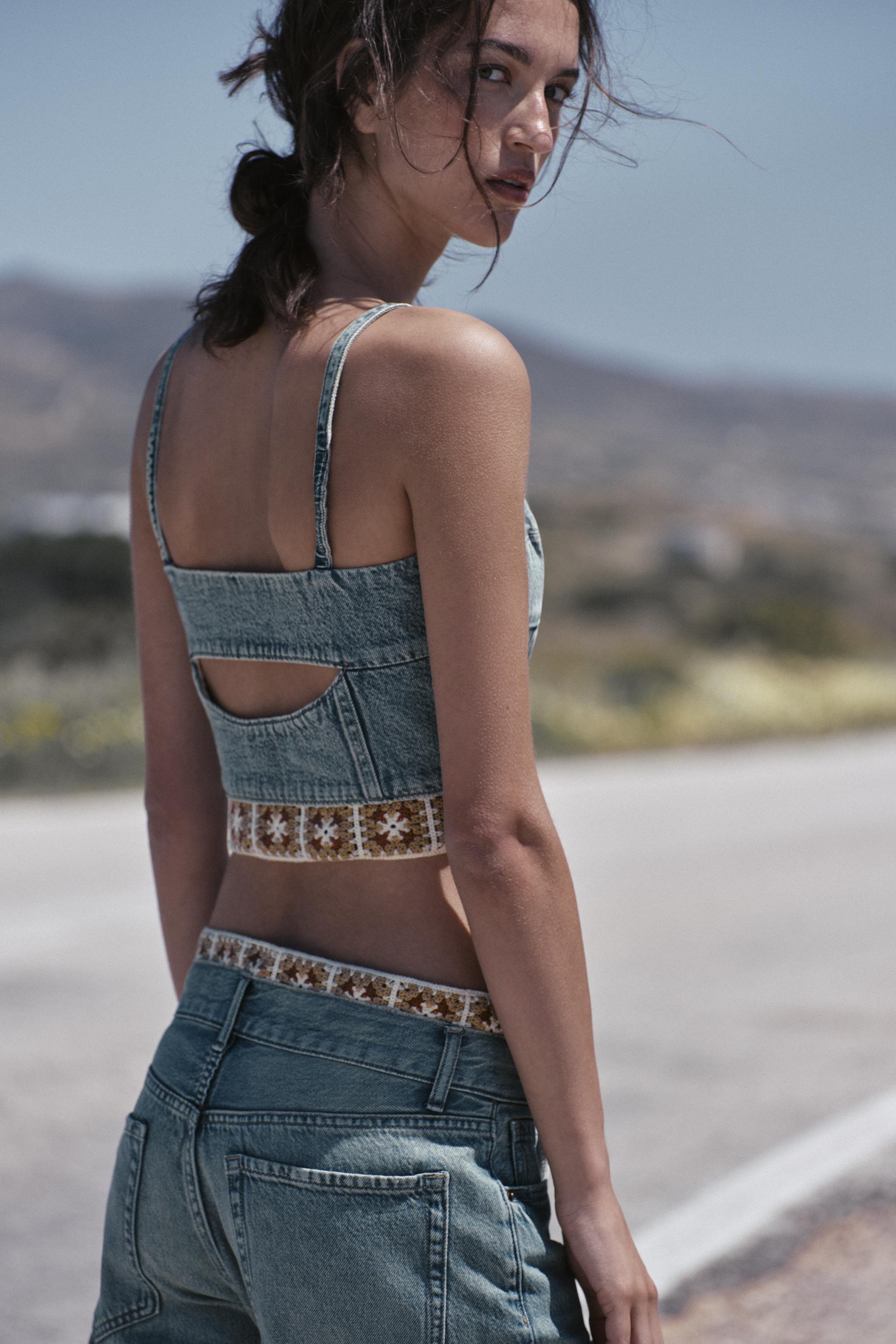 Z1975 COMBINATION CROCHET DENIM TOP