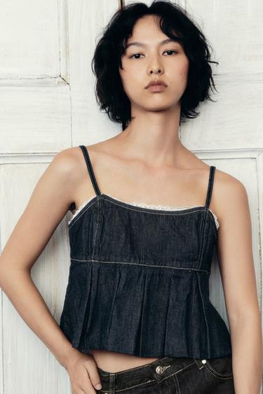 Zara Z1975 蕾絲丹寧短版上衣 - 藍色