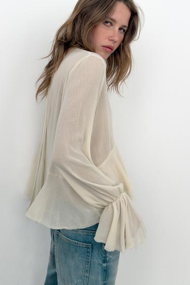 SEMI-SHEER RUFFLED TOP - Ecru by Zara - Image 3