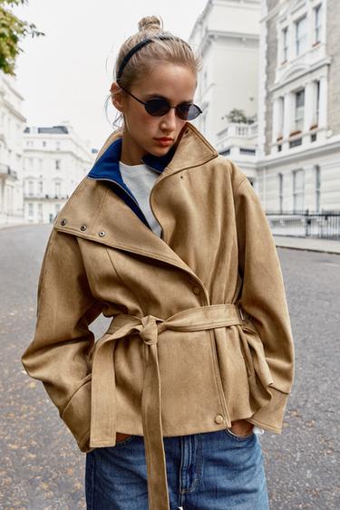 FAUX SUEDE BELTED JACKET - Dark camel by Zara
