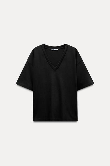 T-SHIRT EN MAILLE SURJET DÉLAVÉ - Charbon de Zara