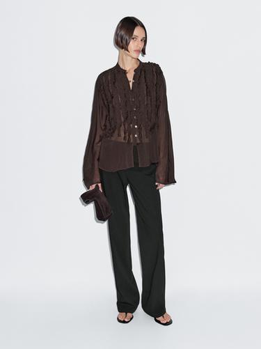Zara Flowing bib-front shirt with ruffles - Eggplant - Image 0