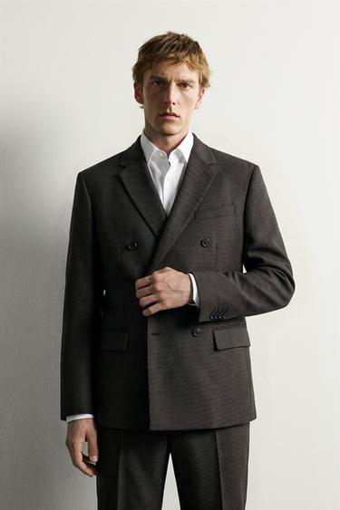 HOUNDSTOOTH WOOL BLEND DOUBLE-BREASTED SUIT BLAZER - Black / Brown by Zara