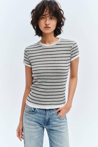 Zara 雙條紋 T 恤 - 煤灰色