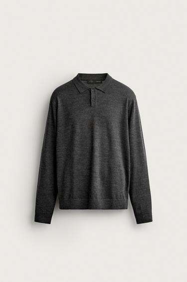 100% WOOL REGULAR FIT KNIT POLO — Anthracite Gray 1