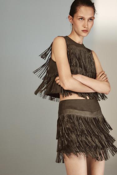 Zara SHIMMER FRINGE MIDI SKIRT - Khaki