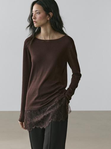 T-shirt manches longues à dentelle - Marron de Zara