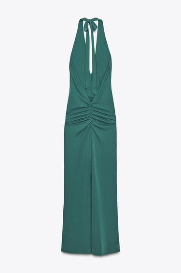 LANGES NECKHOLDER-KLEID MIT RAFFUNGEN - Dunkelgrün von Zara