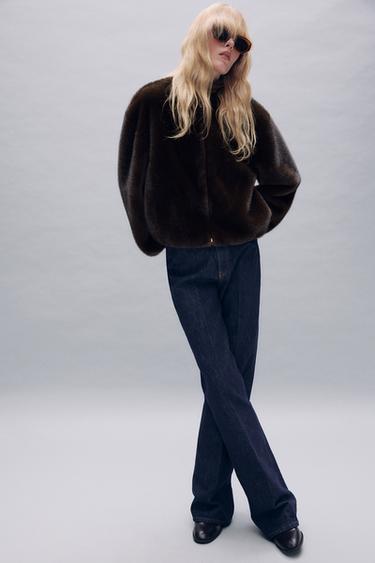 Zara FAUX FUR BOMBER JACKET - Dark brown
