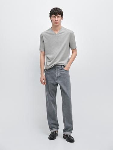 Zara 100% cotton V-neck T-shirt - Gray marl
