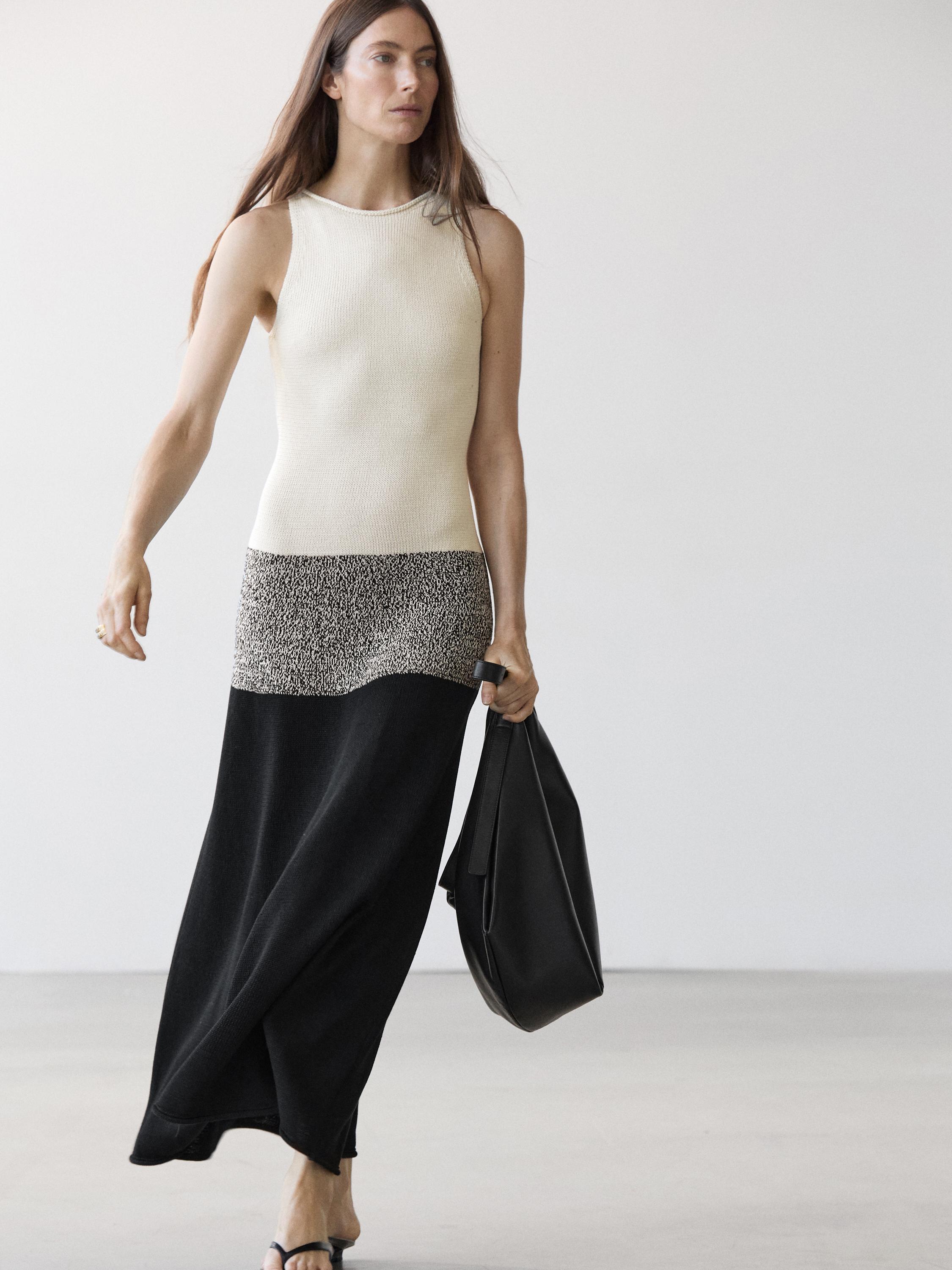 100% cotton contrast knit midi dress