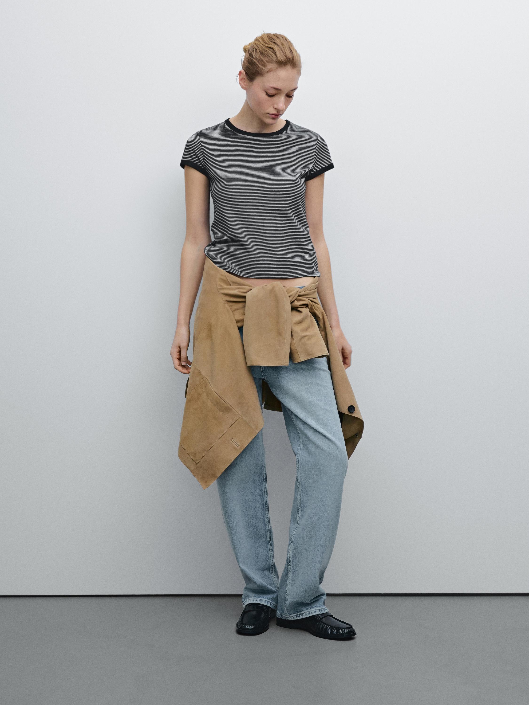 Contrast ribbed striped cotton T-shirt - Blue | ZARA United