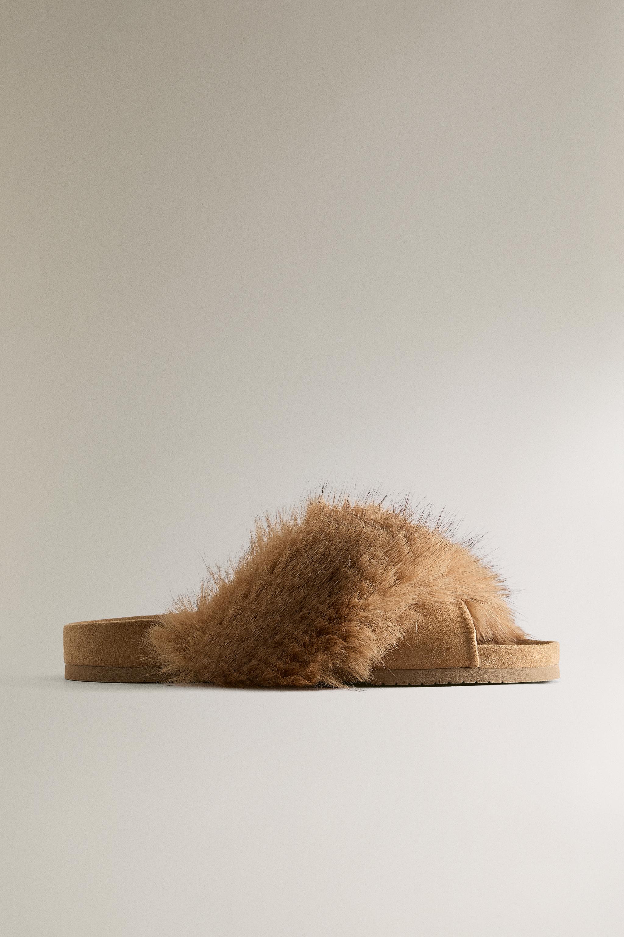ASYMMETRIC FAUX FUR SANDALS — Brown