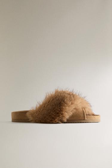 Zara ASYMMETRIC FAUX FUR SANDALS - Brown - Image 0
