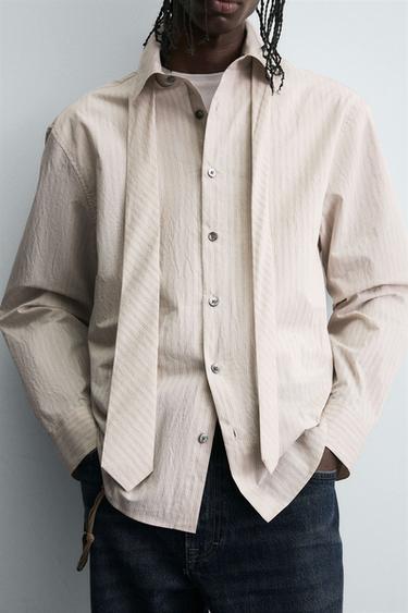STRIPED SHIRT WITH CONTRAST TIE DETAIL - Sand by Zara - Image 4