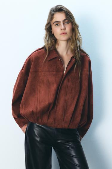 FAUX SUEDE BOMBER JACKET - Burgundy by Zara